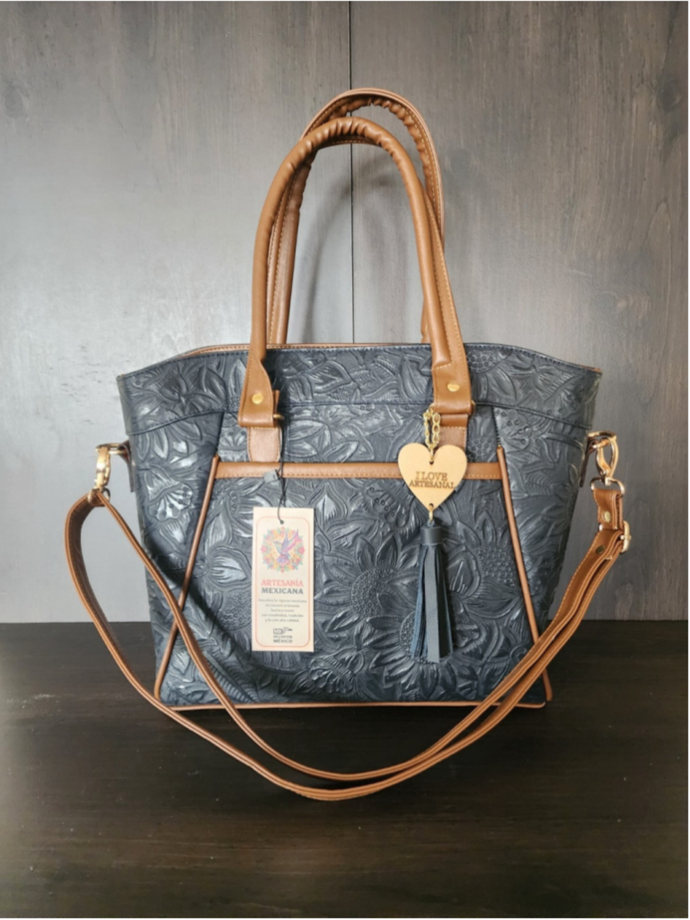Sunflower Marine NAVY Blue Brown Embossed Tooled Artisan LEATHER Purse Handbag - Picture 14 of 16